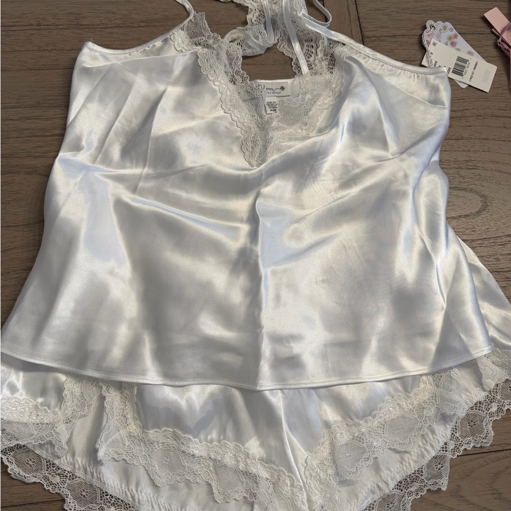 Elegant White Lace Trim Satin Camisole Set
